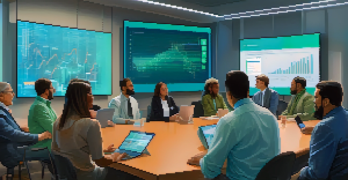 A diverse group of individuals passionately discussing Bitcoin governance in a bright conference room, with digital screens displaying voting results.