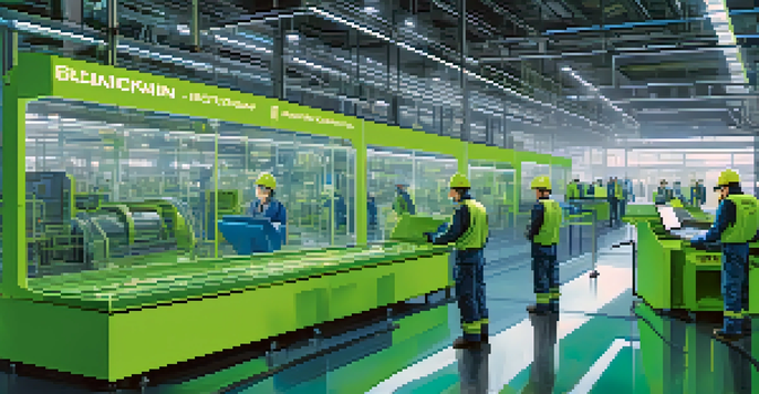 A factory environment illustrating a secure supply chain process with workers and digital screens showing blockchain transactions.