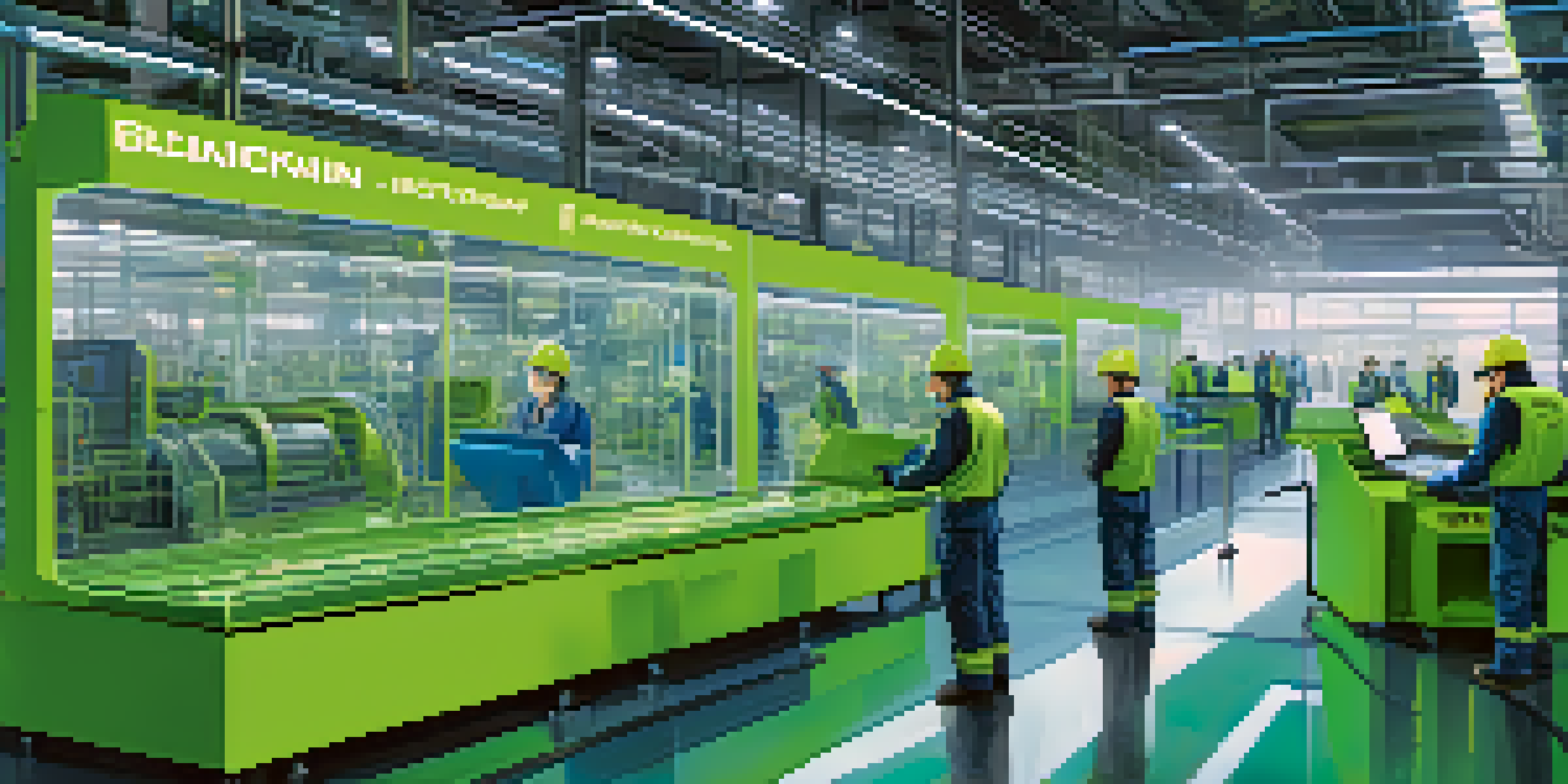A factory environment illustrating a secure supply chain process with workers and digital screens showing blockchain transactions.