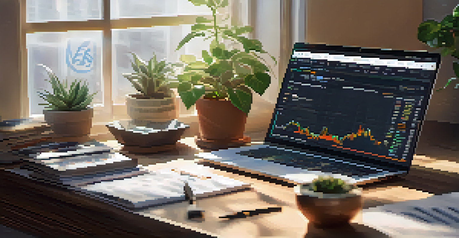 A workspace with a laptop showing cryptocurrency charts, a notepad, and a potted plant, illuminated by sunlight.