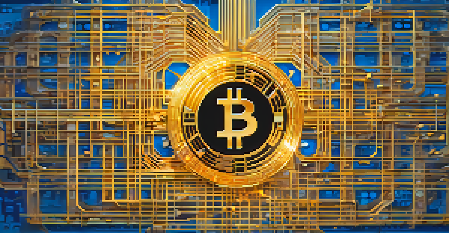 An abstract design featuring a large Bitcoin symbol intertwined with vibrant NFT art pieces against a blue and gold gradient background.