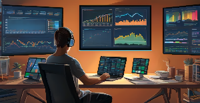 A person analyzing Bitcoin market trends on a computer in a cozy home office.