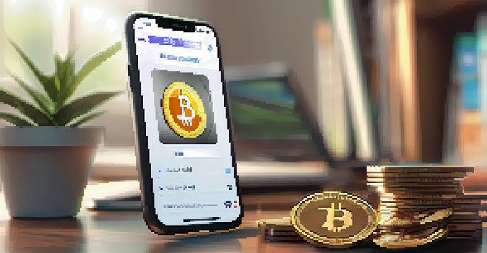 A smartphone displaying a digital wallet with cryptocurrency icons, set in a cozy home office with natural light.