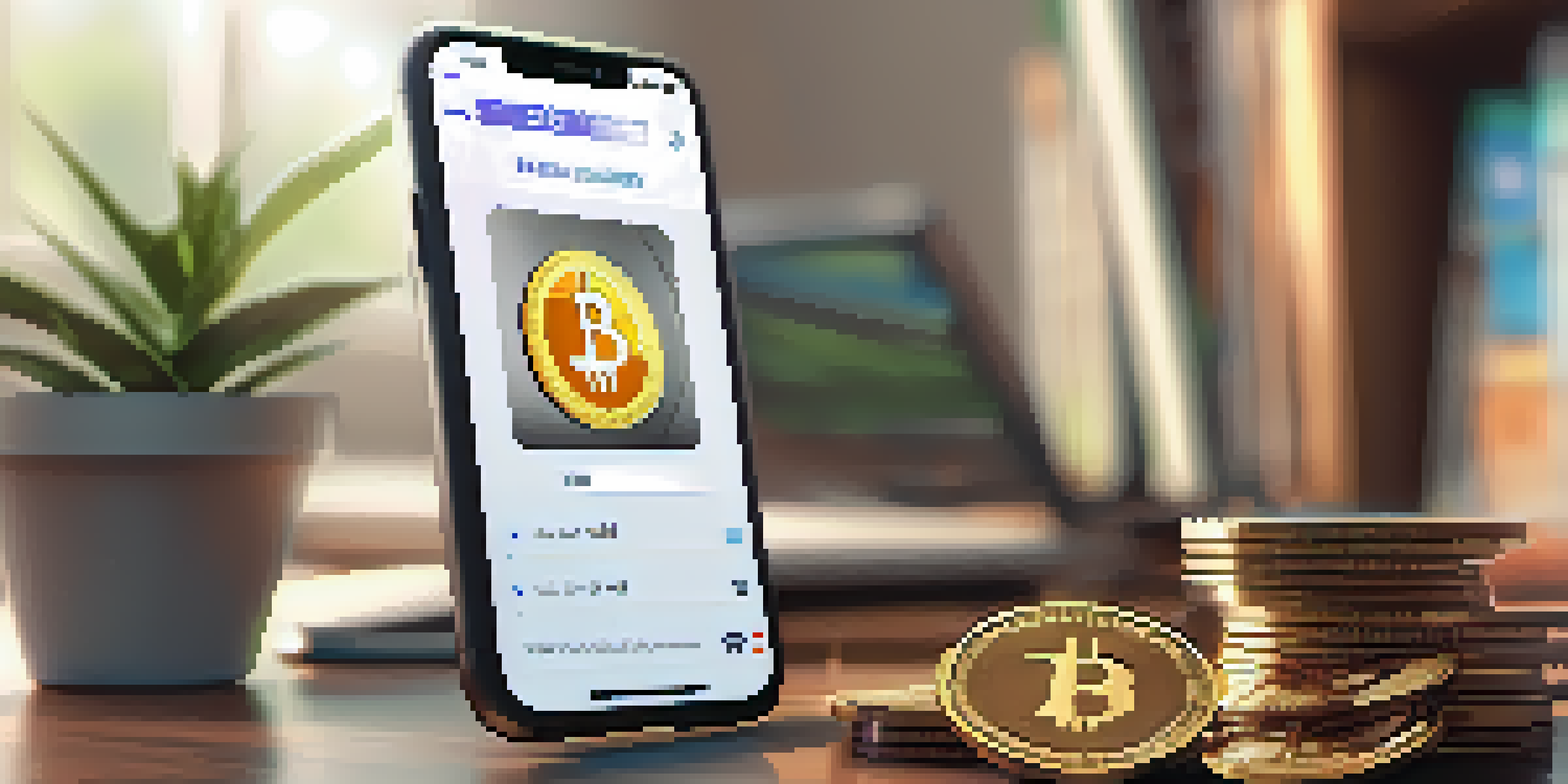 A smartphone displaying a digital wallet with cryptocurrency icons, set in a cozy home office with natural light.