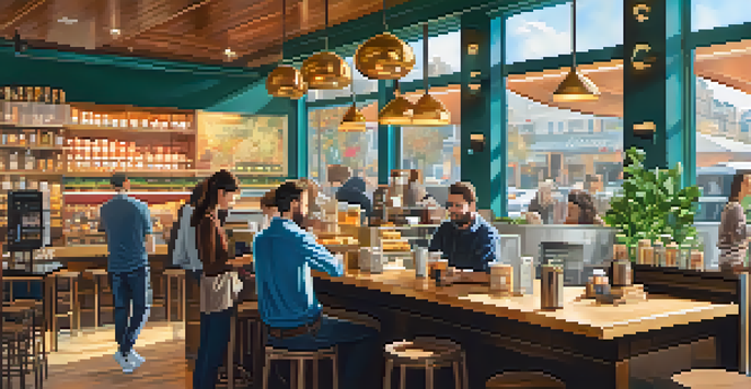 A busy cafe where customers are using smartphones to make Bitcoin payments, with baristas serving coffee and colorful pastries on display.