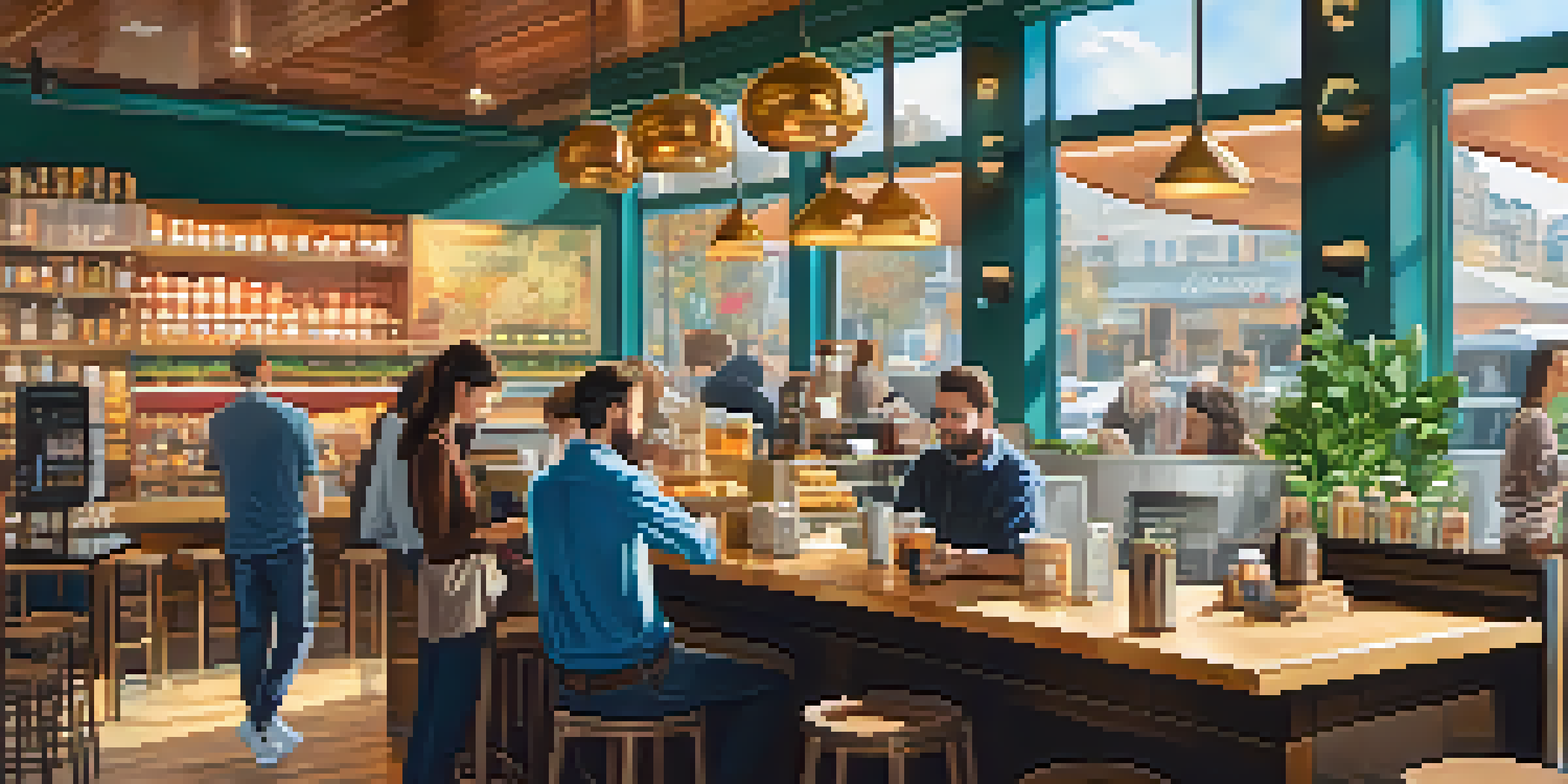 A busy cafe where customers are using smartphones to make Bitcoin payments, with baristas serving coffee and colorful pastries on display.