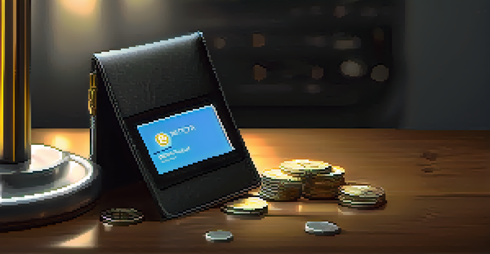 A close-up of a modern hardware Bitcoin wallet on a wooden table with silver coins and warm lighting.