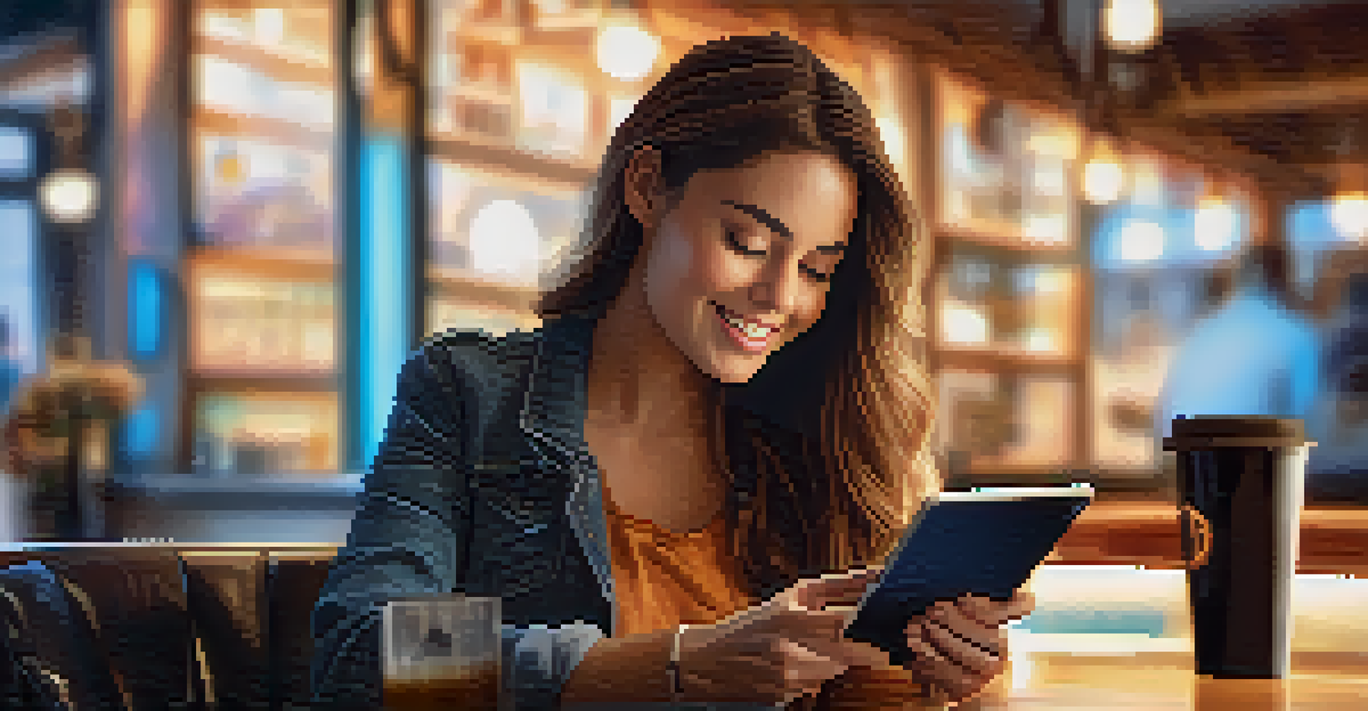 A close-up of a woman using a tablet to trade cryptocurrency in a cozy café, with a cup of coffee beside her and natural light illuminating the scene.