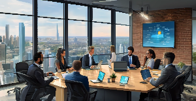 A modern office with diverse business professionals discussing cryptocurrency strategies around a conference table, with city skyline views.