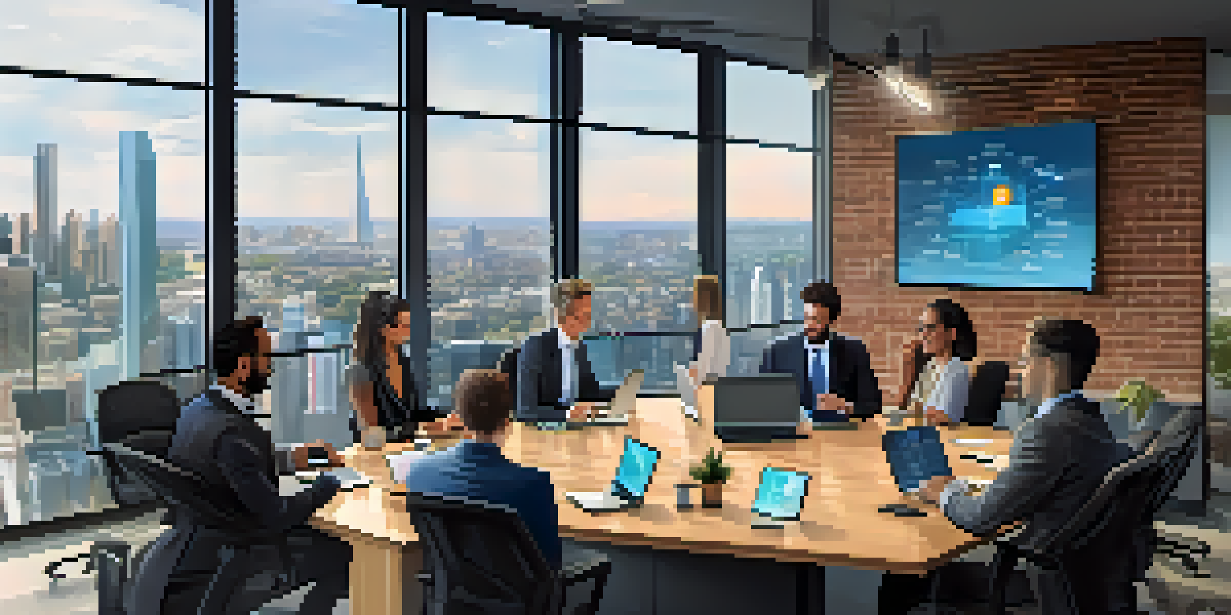 A modern office with diverse business professionals discussing cryptocurrency strategies around a conference table, with city skyline views.