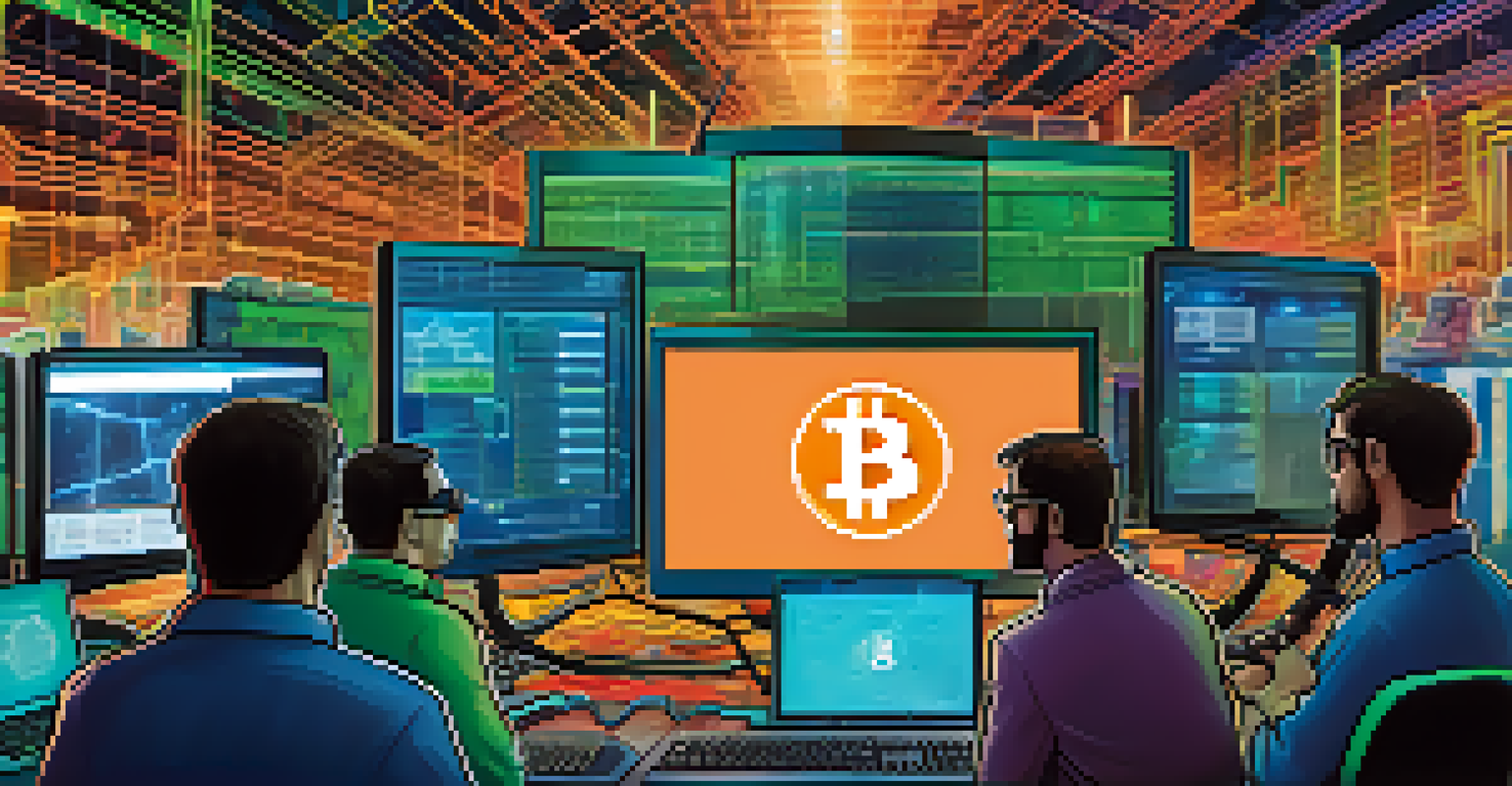 A computer screen showing a blockchain ledger with miners collaborating in the background.