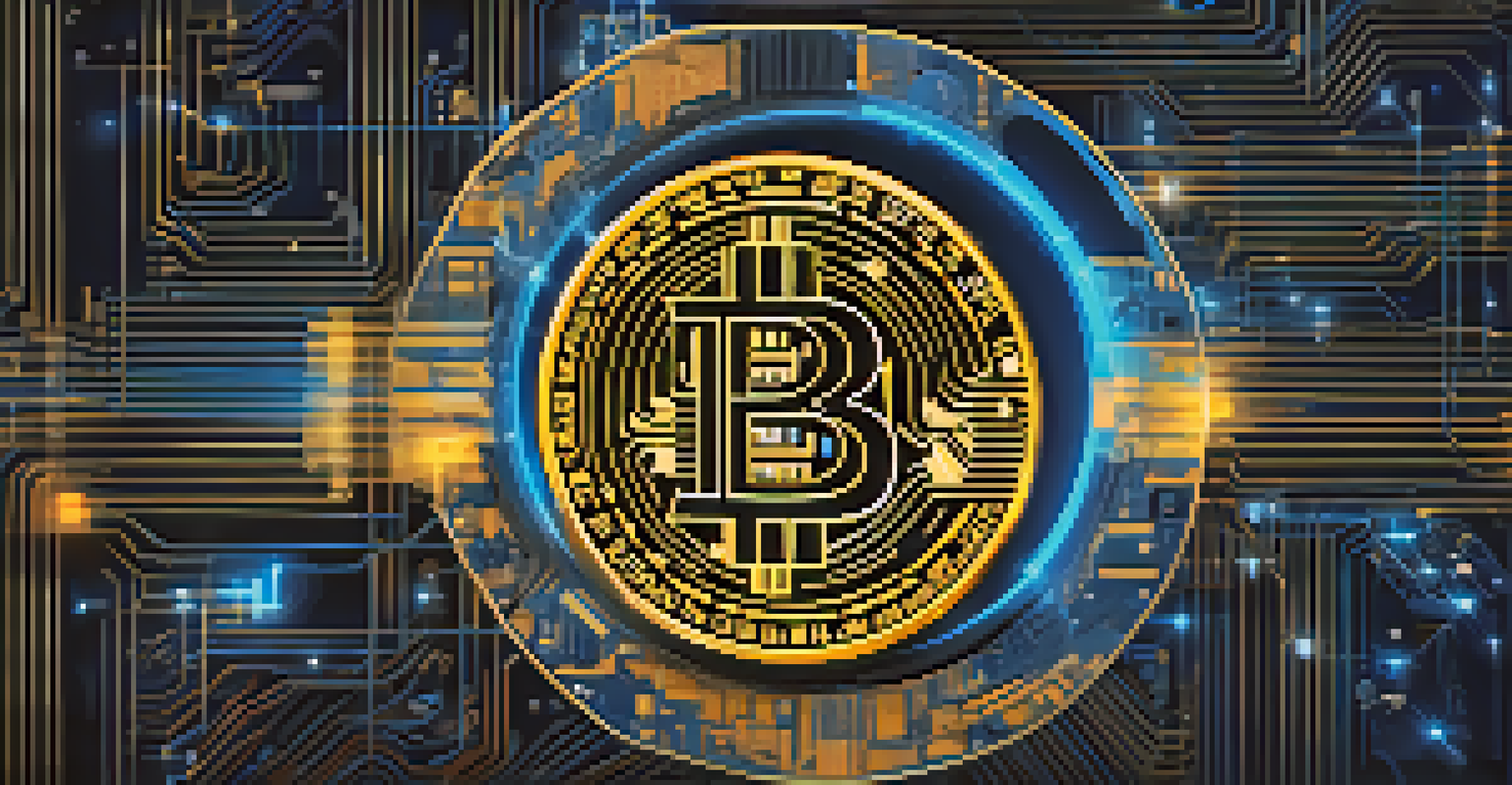A large golden Bitcoin symbol surrounded by digital art pieces, set against a dark blue and black background with neon blockchain designs.