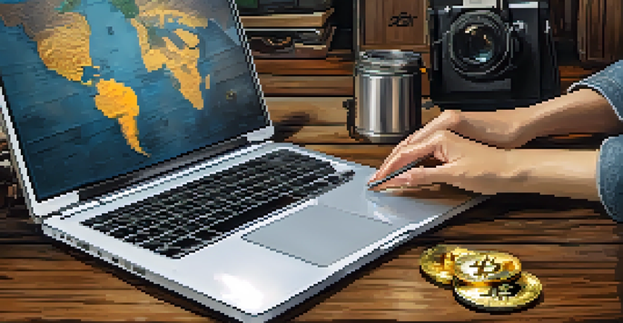 Close-up of hands typing on a laptop with a Bitcoin sticker, surrounded by travel items on a wooden table.