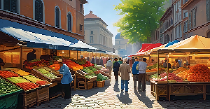 A lively marketplace showcasing colorful stalls with fruits and vegetables, populated by diverse individuals, under warm sunlight.
