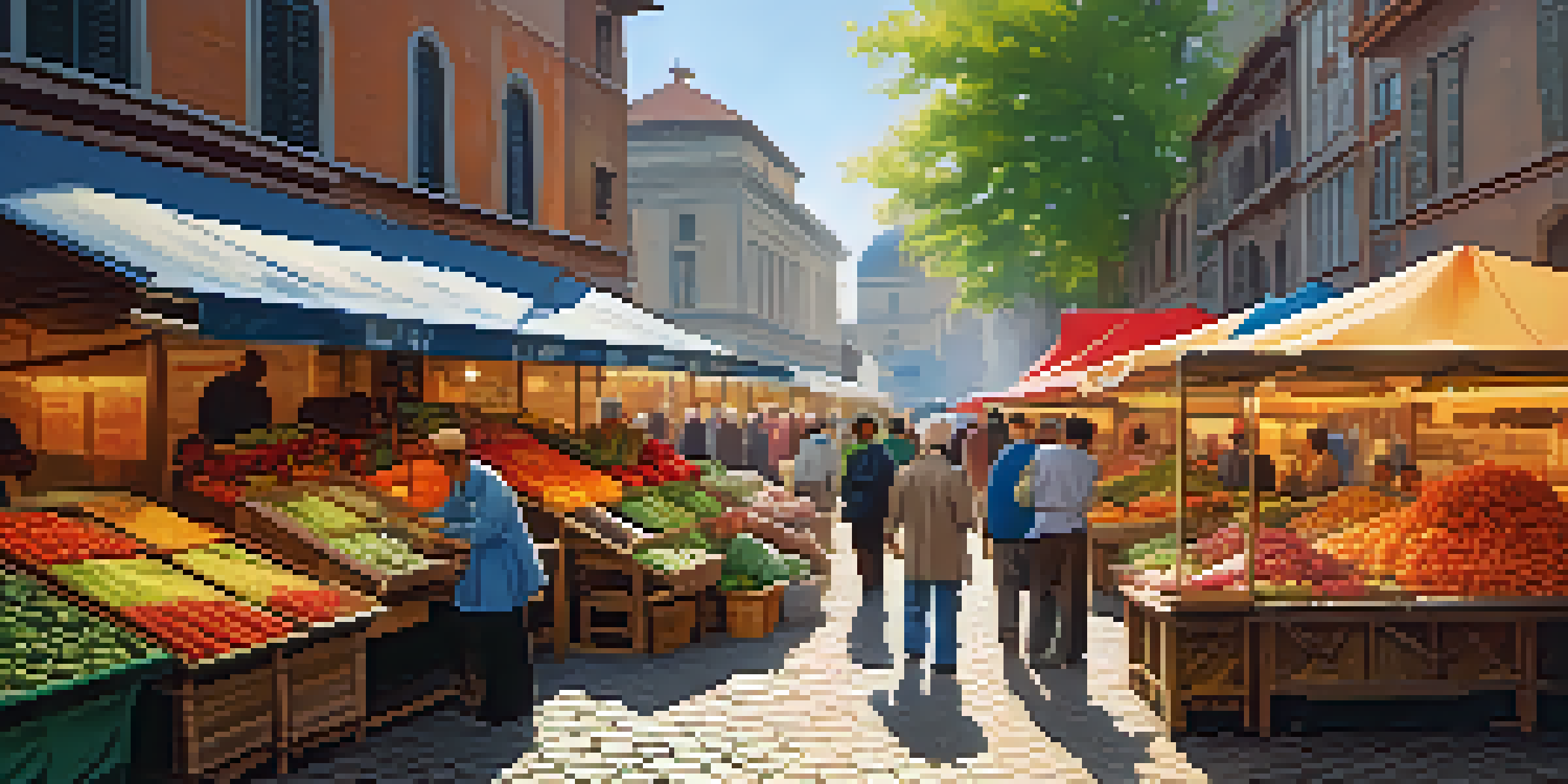 A lively marketplace showcasing colorful stalls with fruits and vegetables, populated by diverse individuals, under warm sunlight.