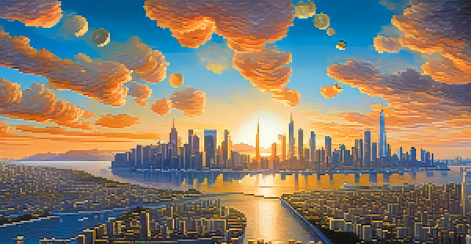 A landscape showing a city skyline representing real estate on one side and glowing Bitcoin coins on the other against a sunset sky.