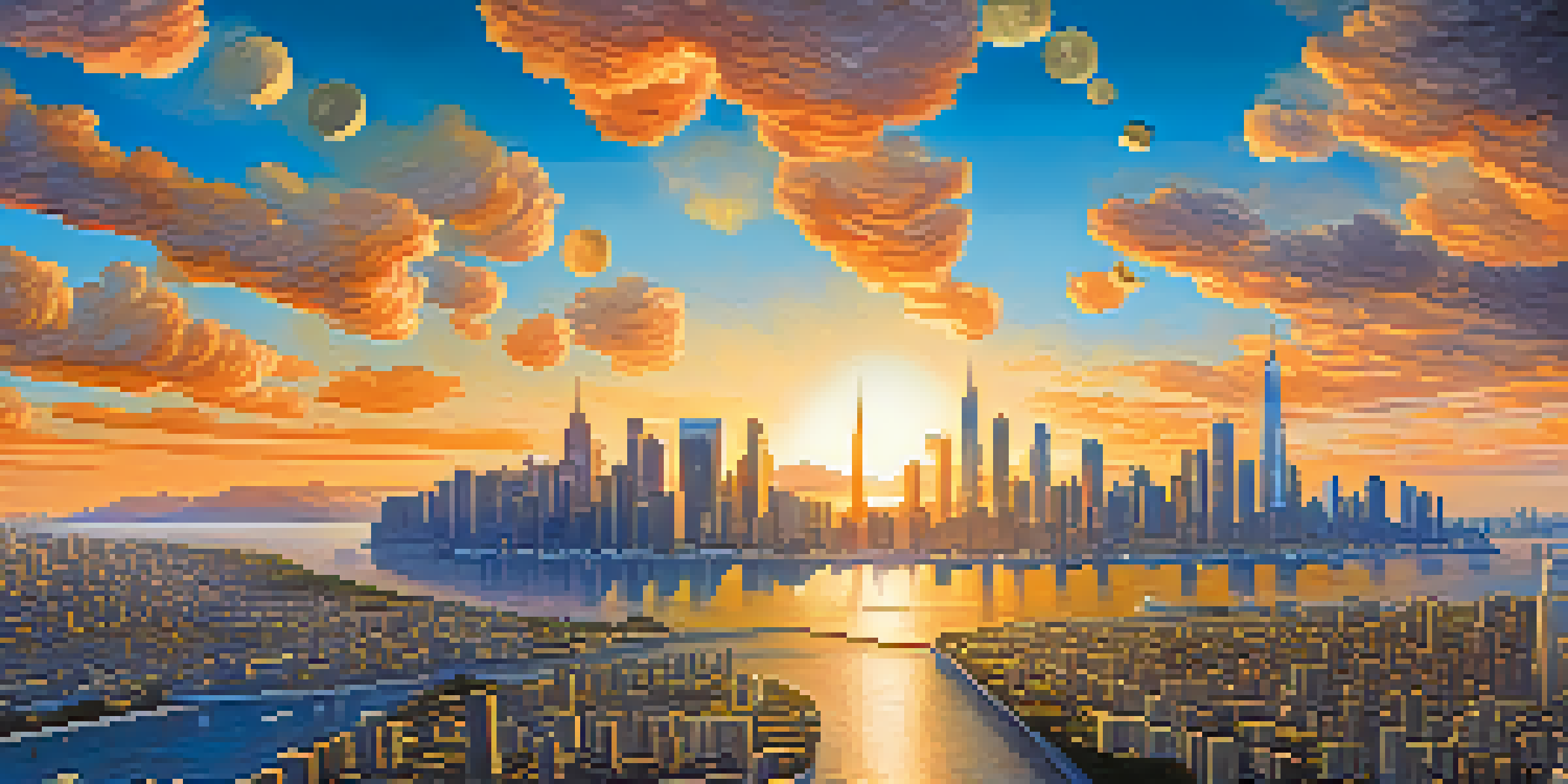 A landscape showing a city skyline representing real estate on one side and glowing Bitcoin coins on the other against a sunset sky.