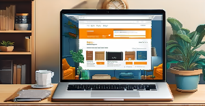 A modern e-commerce website interface on a laptop with a Bitcoin payment option, set in a cozy home office with warm lighting.