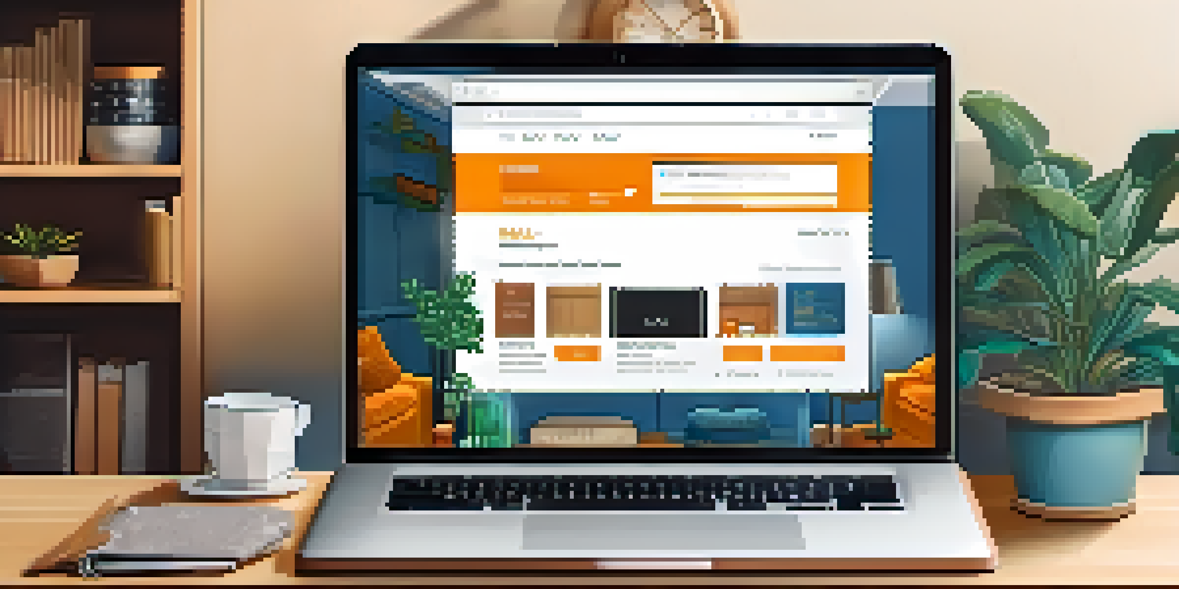 A modern e-commerce website interface on a laptop with a Bitcoin payment option, set in a cozy home office with warm lighting.