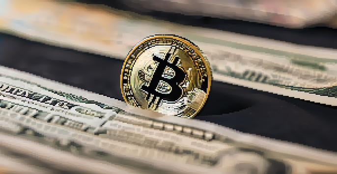 A close-up image of a Bitcoin coin on top of various traditional currency notes, with stock market graphs blurred in the background.