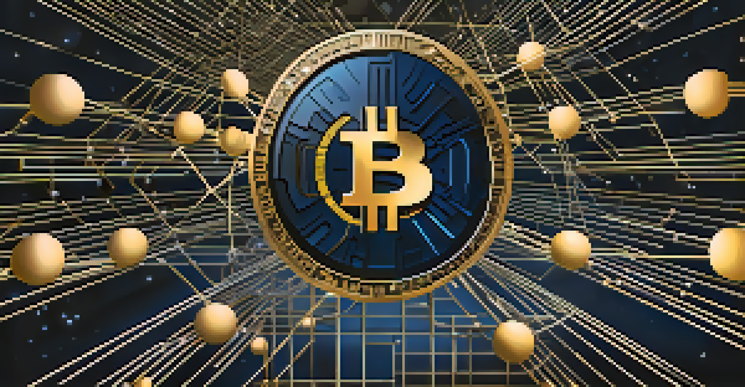 A golden Bitcoin coin in an abstract design surrounded by digital lines and nodes, illustrating its decentralized and digital characteristics.