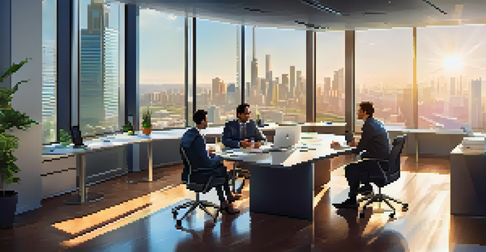 A diverse group of professionals discussing cryptocurrency in a modern office with a city skyline view.