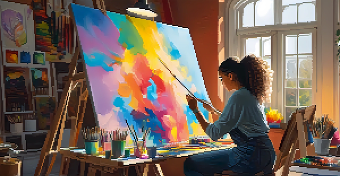 An artist working in a colorful studio with canvases, paint supplies, and a digital tablet showing a Bitcoin symbol.