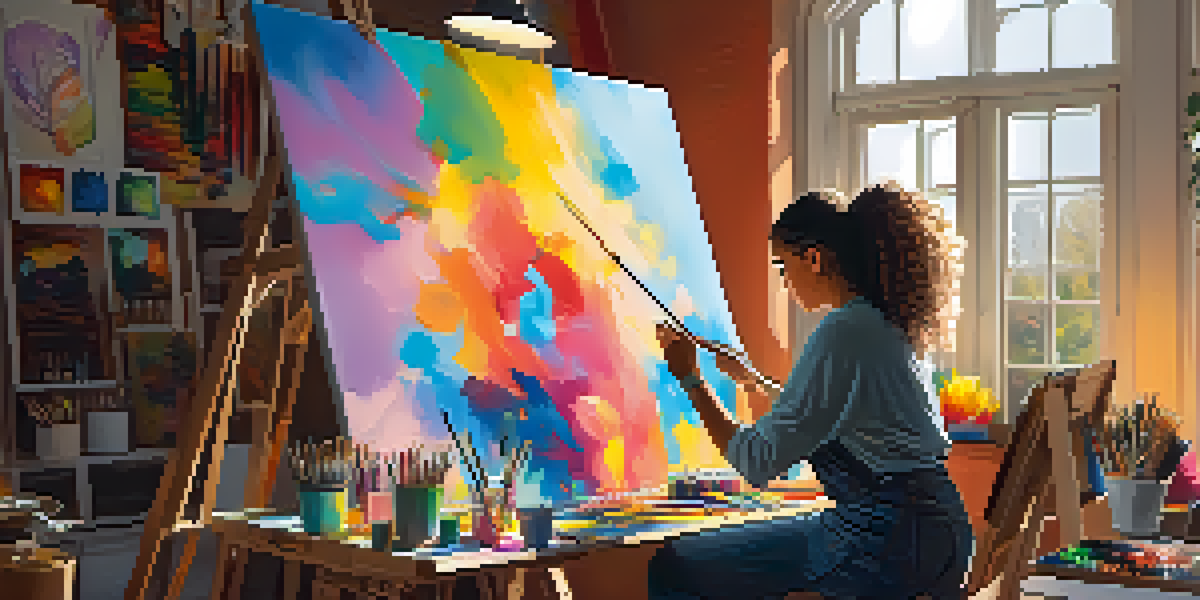 An artist working in a colorful studio with canvases, paint supplies, and a digital tablet showing a Bitcoin symbol.