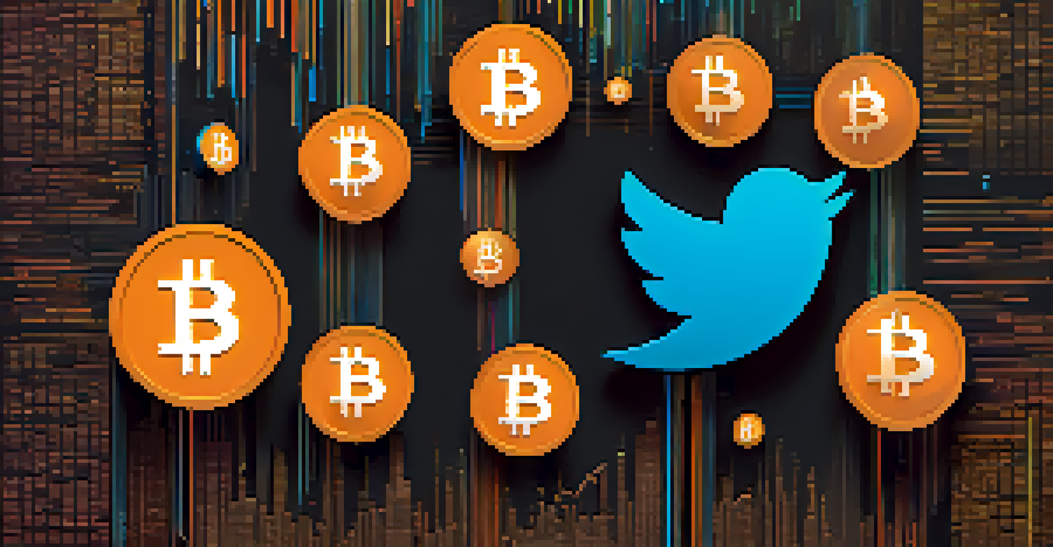A creative depiction of a Twitter poll about Bitcoin, showcasing colorful bar graphs and a Bitcoin logo against a dark background.