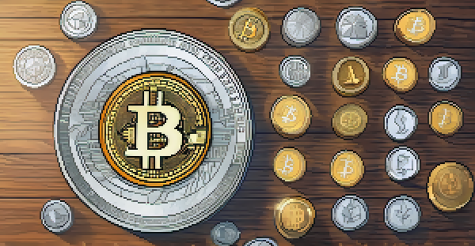 A flat lay image of cryptocurrency coins on a wooden desk, accompanied by a calculator, tax forms, and a pen, with soft natural light illuminating the scene.