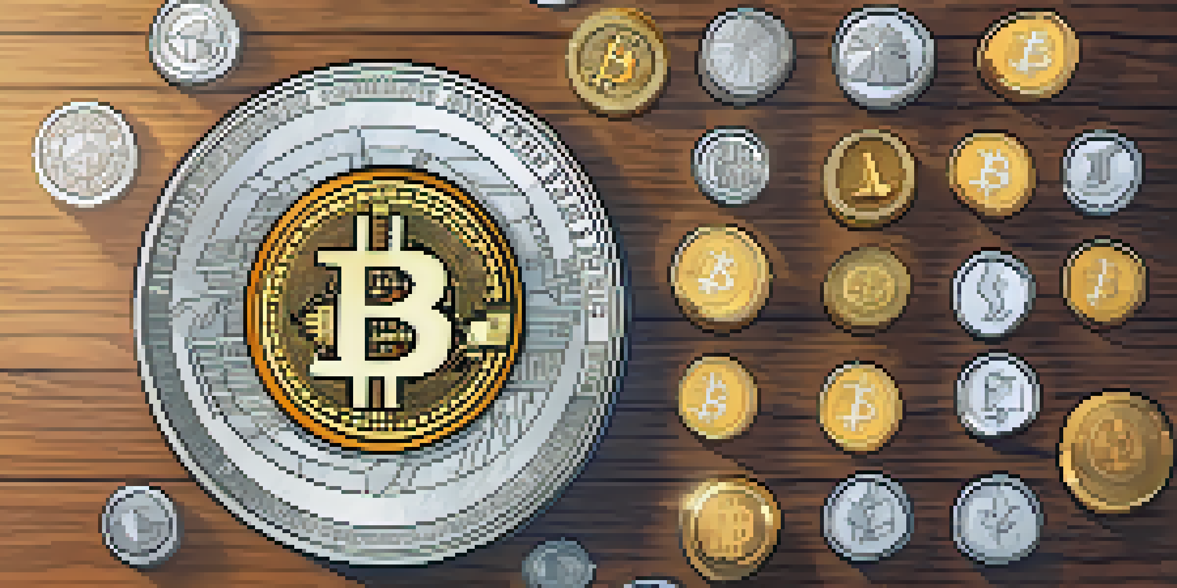 A flat lay image of cryptocurrency coins on a wooden desk, accompanied by a calculator, tax forms, and a pen, with soft natural light illuminating the scene.