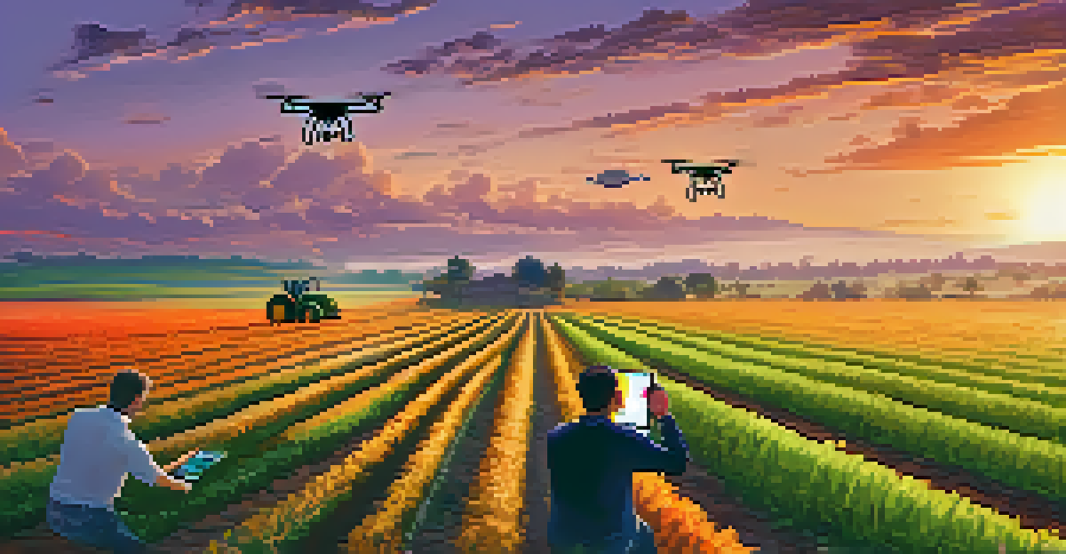 An agricultural field at sunset with IoT sensors and a farmer using a tablet to monitor crop conditions.