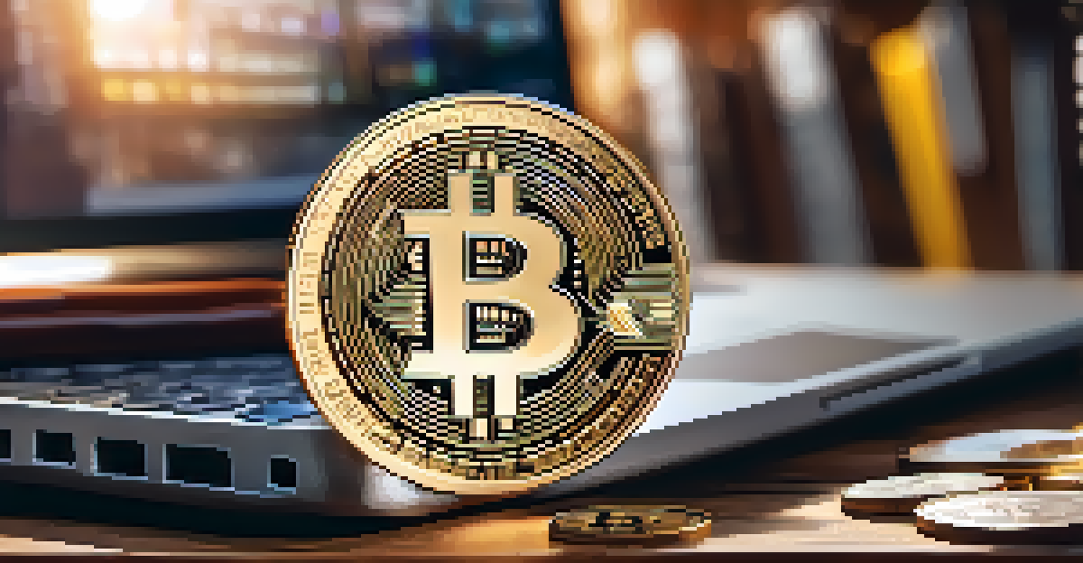 A close-up of a Bitcoin coin on a wooden table with financial documents and a laptop in the background.
