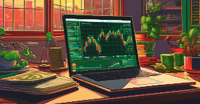 A person trading Bitcoin on a laptop with financial graphs and scattered Bitcoin coins on the desk, in a warm-lit room.