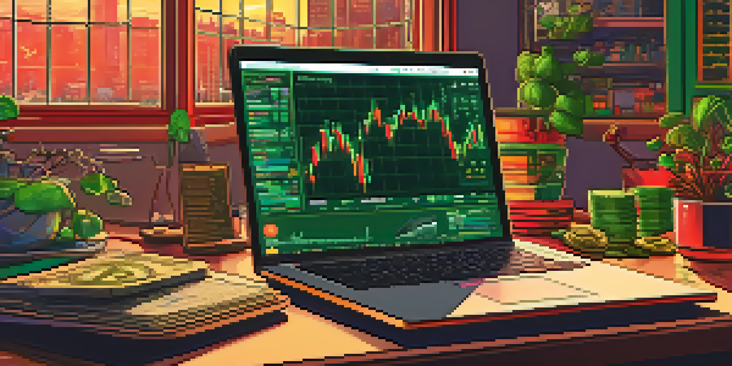 A person trading Bitcoin on a laptop with financial graphs and scattered Bitcoin coins on the desk, in a warm-lit room.