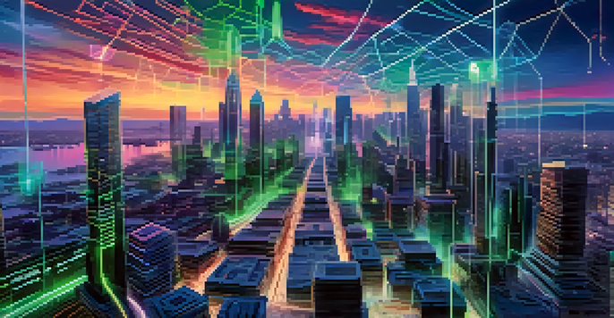 A digital landscape representing secure identity verification with a glowing fingerprint and a city skyline, illuminated by neon lights.