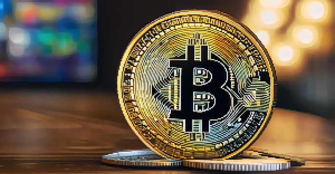 A Bitcoin coin on a wooden table with a smartphone displaying a digital wallet blurred in the background.