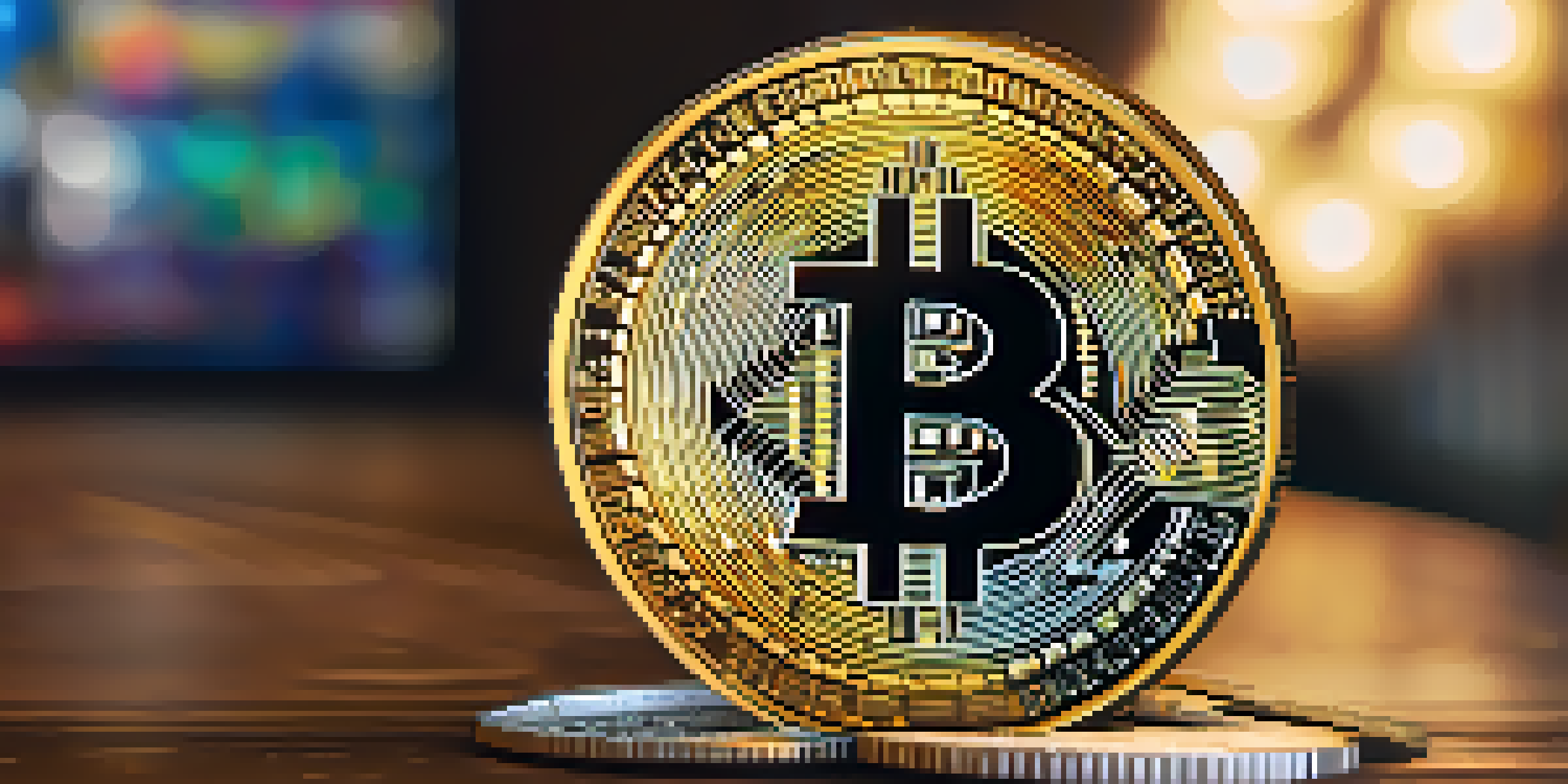 A Bitcoin coin on a wooden table with a smartphone displaying a digital wallet blurred in the background.