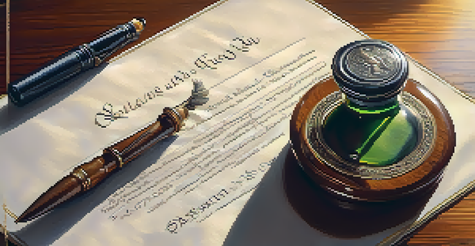 A close-up view of a trust fund document with a quill pen and ink bottle on a wooden desk, illuminated by soft morning light.