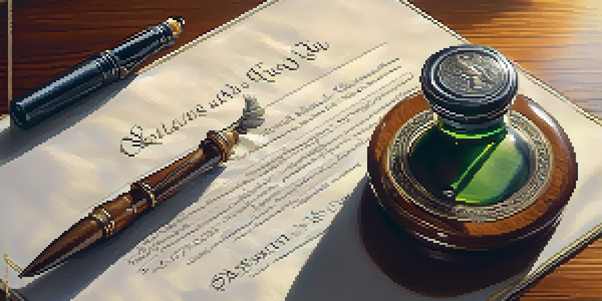 A close-up view of a trust fund document with a quill pen and ink bottle on a wooden desk, illuminated by soft morning light.