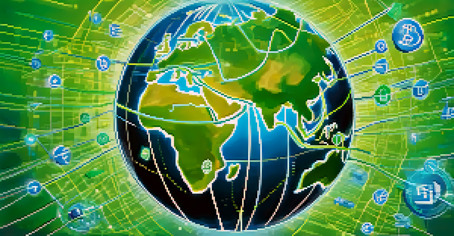 A globe with digital connections and Bitcoin symbols, illustrating fast international money transfers with currencies and smartphones.