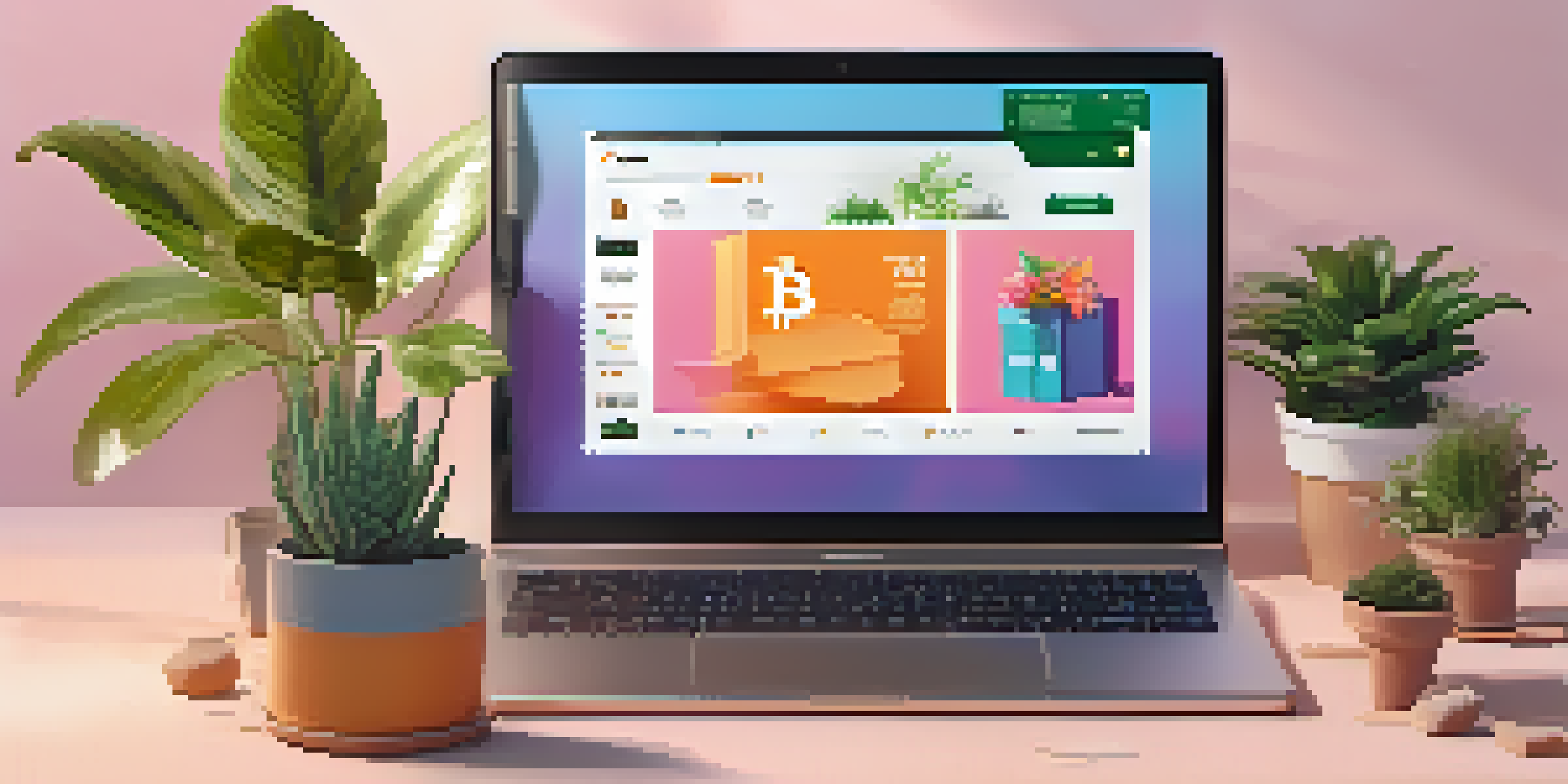 A modern e-commerce workspace with a laptop displaying a Bitcoin logo and an online store, surrounded by plants and tech decor.