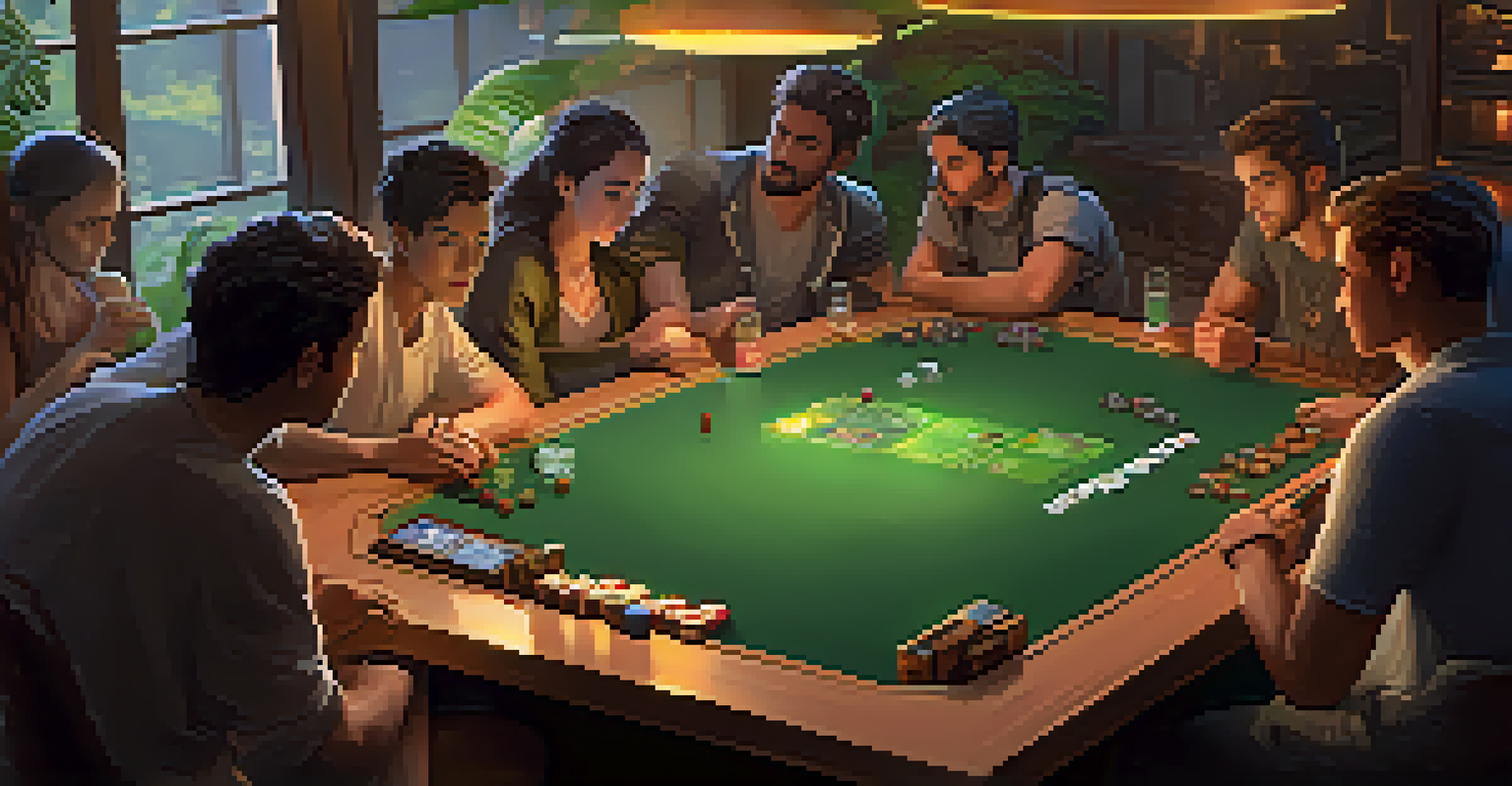 A gaming community scene with diverse players around a virtual table discussing strategies and trading digital assets in a cozy, inviting environment.