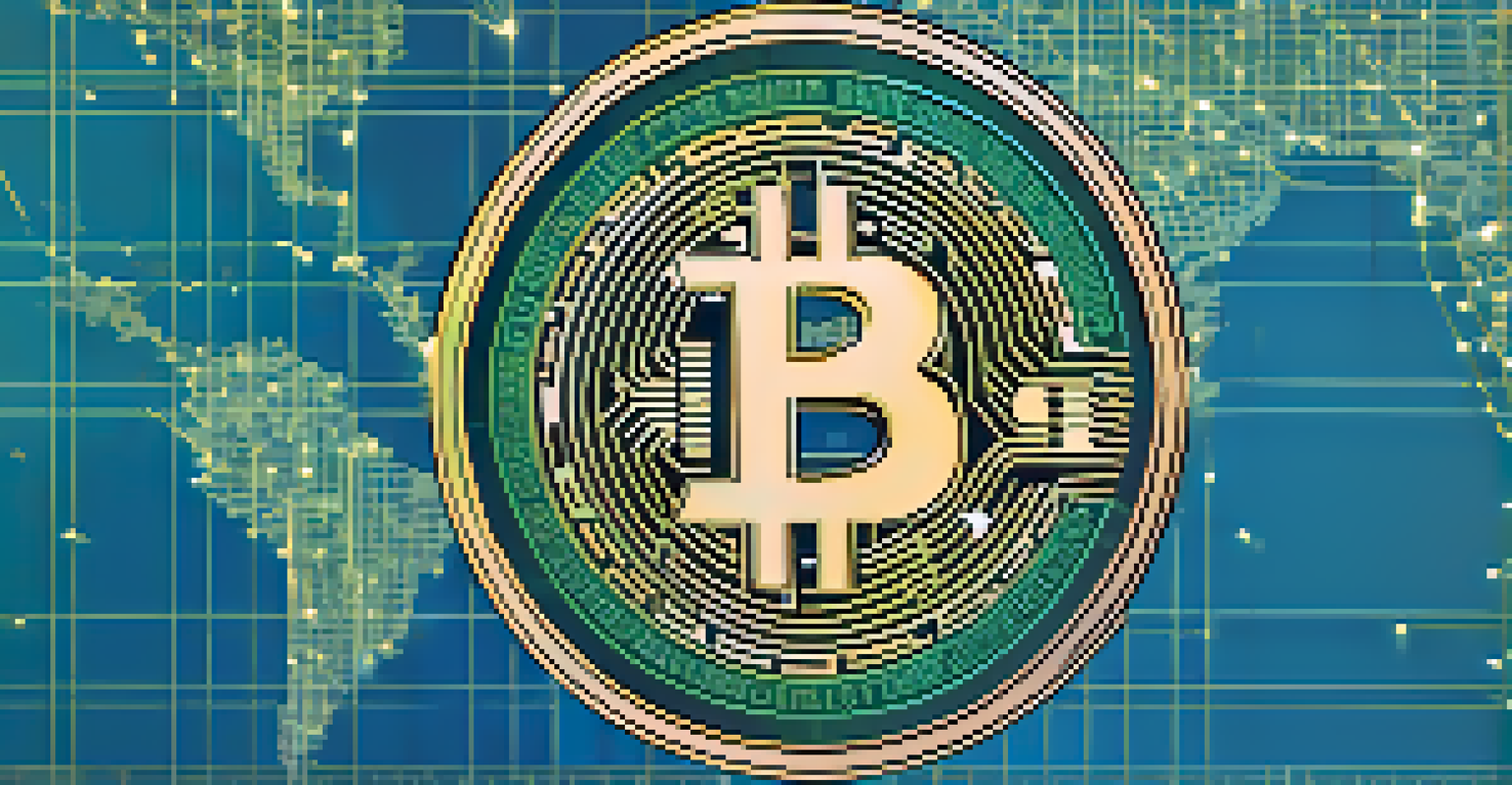 An abstract depiction of a Bitcoin symbol with a digital world map in the background.