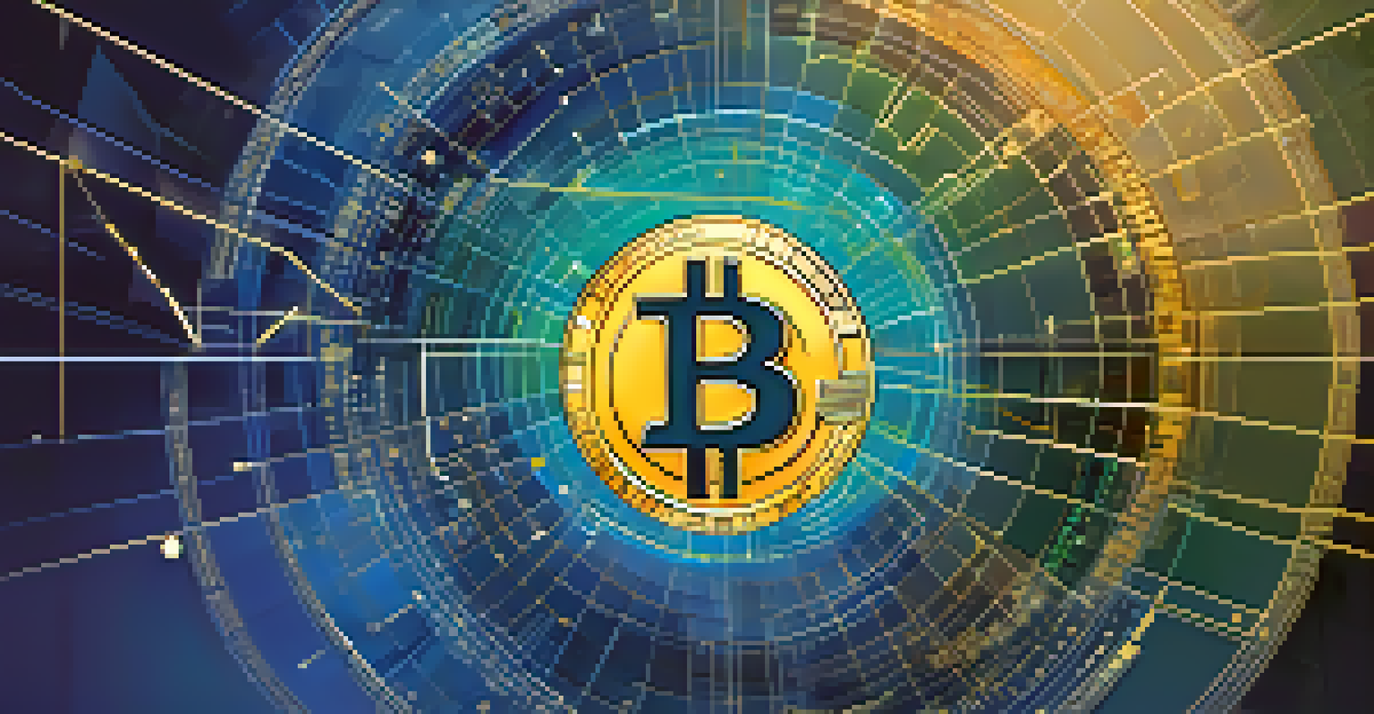 An abstract image showing a golden Bitcoin symbol surrounded by financial graphs, on a gradient background from navy to teal.