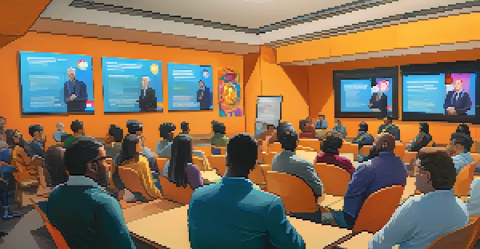 A diverse group of people engaged in discussions at a town hall meeting, with a projector showing the Bitcoin logo.