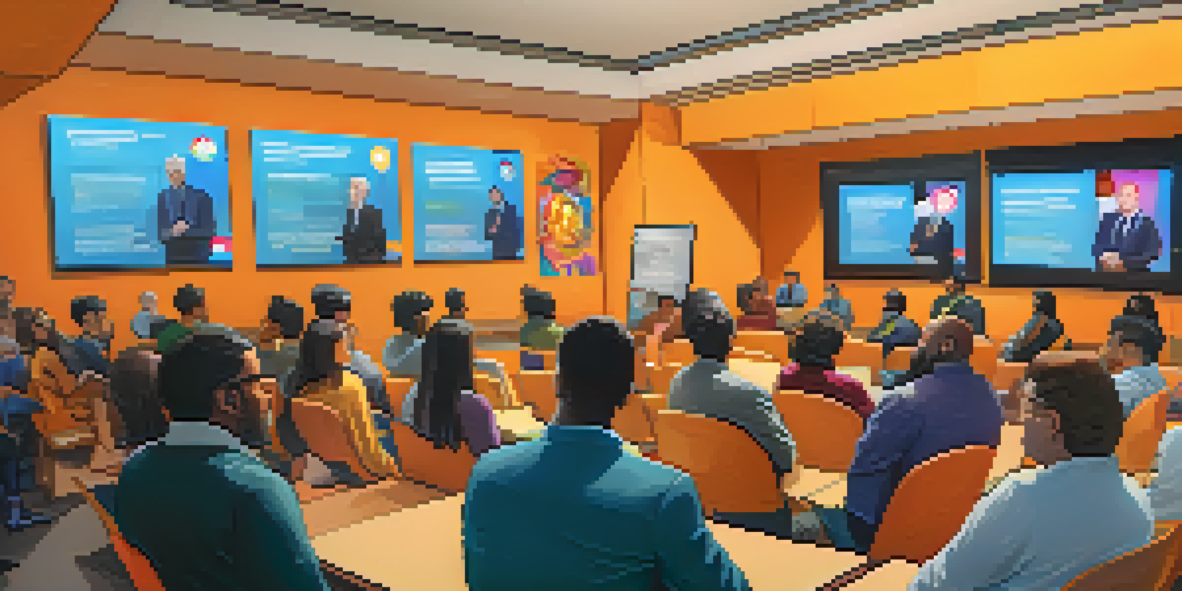 A diverse group of people engaged in discussions at a town hall meeting, with a projector showing the Bitcoin logo.