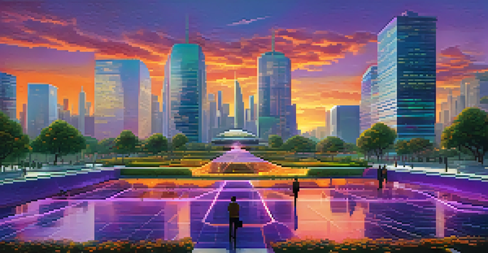 A modern city with a government building showcasing Bitcoin integration, citizens using smartphones, and a colorful sunset sky.