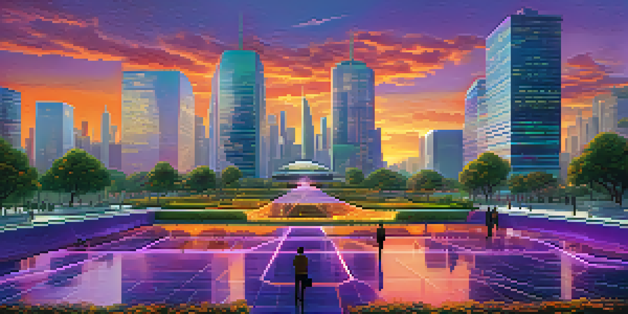 A modern city with a government building showcasing Bitcoin integration, citizens using smartphones, and a colorful sunset sky.