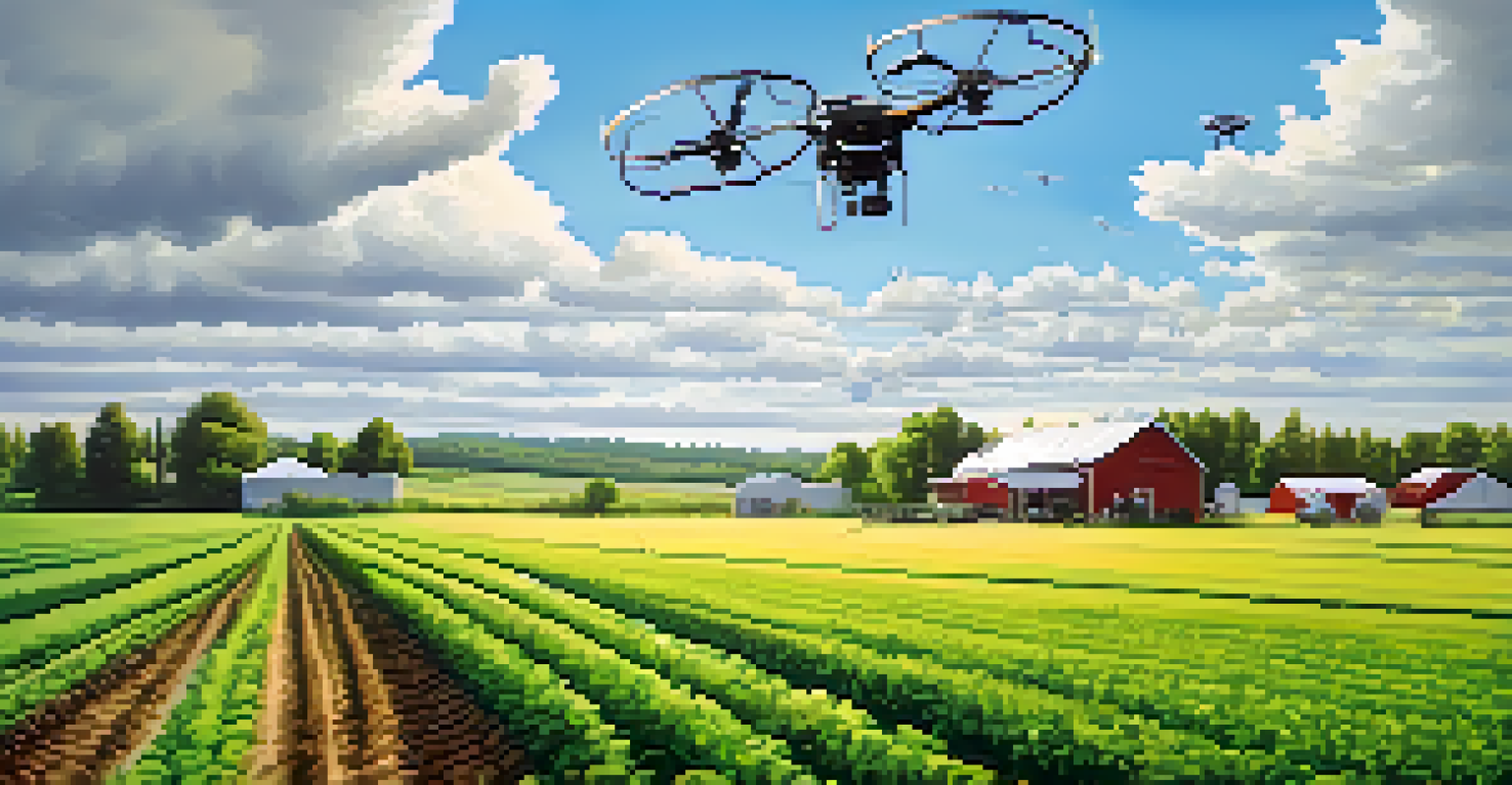 A farmer's field with agricultural sensors and drones under a bright blue sky.